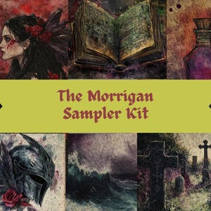 May include: The Morrigan Sampler Kit, a collection of watercolor illustrations with a gothic theme. Includes images of a woman, an open book, a potion bottle, a helmet, a stormy sea, and a graveyard.