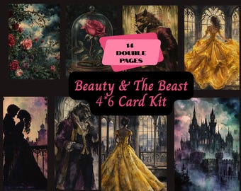 Puede incluir: Un kit de tarjetas con ilustraciones de La Bella y la Bestia. El kit incluye imágenes de una rosa en una cúpula de cristal, la Bestia, Bella con un vestido amarillo y una silueta de la pareja. El texto dice "Beauty & The Beast 4*6 Card Kit".
