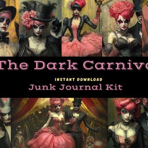 The Dark Carnival – Digital Junk Journal Kit | Gothic Circus Printable Pages & Tags | Collage Mixed Media| Pink Black Paper