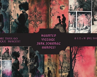 Haunted Village Junk Journal Digital Kit – Gothic Silhouettes, Ghostly Ephemera, Distressed Pink & Black Papers