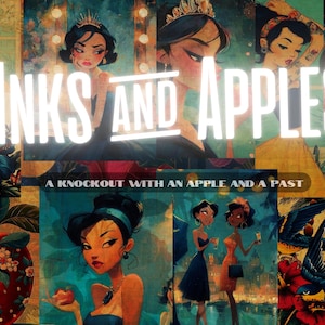 Puede incluir: Un collage de ilustraciones con el texto "INKS AND APPLES" y "A KNOCKOUT WITH AN APPLE AND A PAST". La obra de arte incluye imágenes de mujeres, manzanas, flores y pájaros, en un estilo vintage.