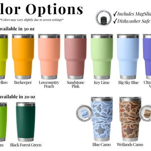a collection of colorful tumblers and lids, each with different colors and designs. The tumblers are available in various sizes, ranging from 20 oz to 30 oz, and are available in different colors such as yellow, orange, pink, peach, and blue. The lids are also available in different colors, including mags, dishwasher safe, and camouflage patterns. The image does not contain any text, and the descriptions provided are concise and avoid redundancy.