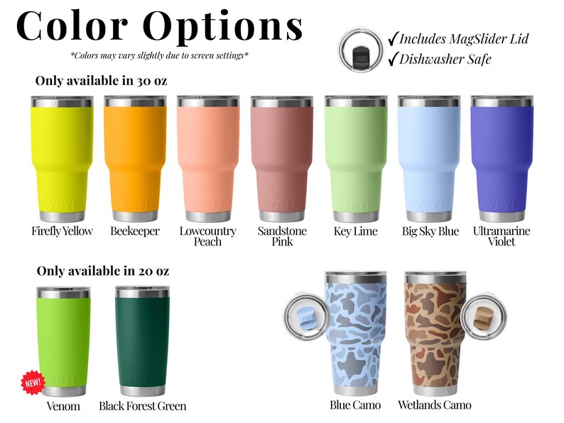 a collection of colorful tumblers and lids, each with different colors and designs. The tumblers are available in various sizes, ranging from 20 oz to 30 oz, and are available in different colors such as yellow, orange, pink, peach, and blue. The lids are also available in different colors, including mags, dishwasher safe, and camouflage patterns. The image does not contain any text, and the descriptions provided are concise and avoid redundancy.