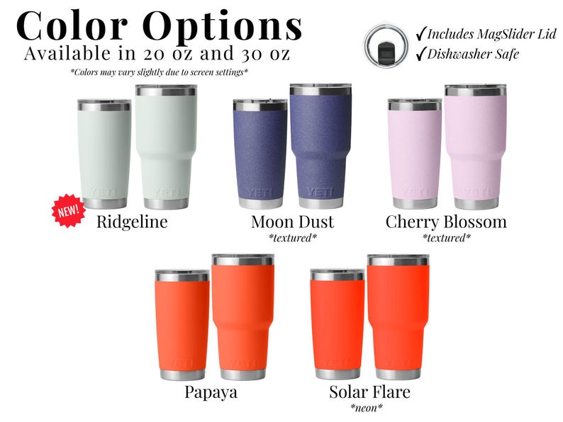 a collection of colorful stainless steel tumblers, each with a different color and size, available in 20 oz and 30 oz. The tumblers are labeled with their respective colors and features, such as "Ridgeline", "Moon Dust", "Cherry Blossom", "Papaya", "Solar Flare", and "neon".