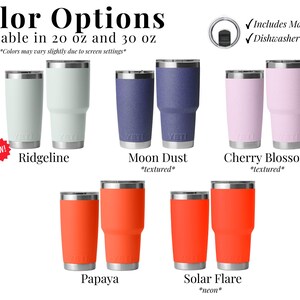 a collection of colorful stainless steel tumblers, each with a different color and size, available in 20 oz and 30 oz. The tumblers are labeled with their respective colors and features, such as "Ridgeline", "Moon Dust", "Cherry Blossom", "Papaya", "Solar Flare", and "neon".