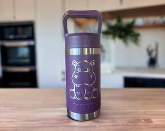 Laser Engraved YETI Kids Water Bottle: Hippo Design, 12 oz Stainless Steel