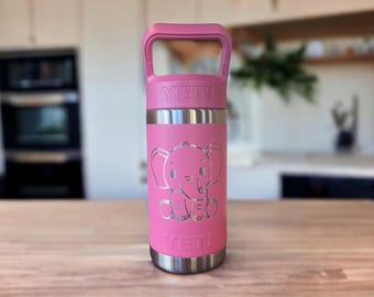 Laser Engraved YETI Kids Water Bottle: Elephant Design, 12 oz Stainless Steel