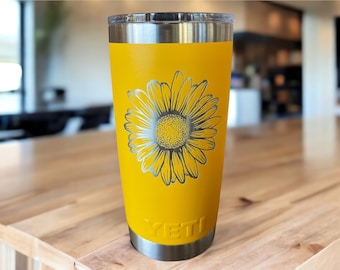 Laser Engraved YETI Tumbler: Sunflower Outline - Floral Cup