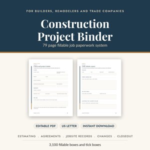 Könnte beinhalten: Ein 79-seitiges, ausfüllbares Bauprojekt-Ordnersystem für Bauunternehmer und Handwerksbetriebe. Enthält ein bearbeitbares US-Letter-PDF, Sofort-Download und 3.100 ausfüllbare Felder für Kostenvoranschläge, Verträge, Baustellenberichte und Projektabschluss.