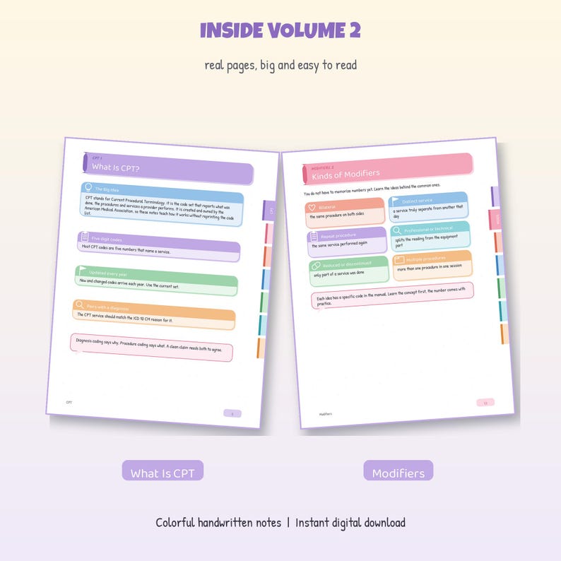 Op de afbeelding: Een open educatief boek getiteld Inside Volume 2 met kleurrijke pagina's met handgeschreven notities over CPT en modifiers. De tekst bevat What Is CPT en Kinds of Modifiers met diverse iconen en kleurgecodeerde secties voor leesgemak.