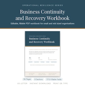Puede incluir: Un libro de trabajo digital de Continuidad y Recuperación de Negocios de la serie Operational Resilience. El documento presenta un encabezado azul oscuro, texto blanco y detalles marrones. Incluye 86 páginas, 8 secciones, 5 manuales de respuesta y 1713 campos rellenables en formato US Letter para pequeñas y medianas empresas.
