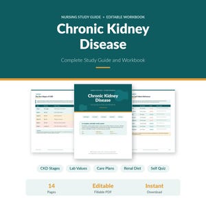 Pode incluir: Um guia de estudo de enfermagem e caderno de exercícios editável sobre doença renal crônica. O documento inclui páginas sobre os cinco estágios da DRC, valores laboratoriais e um questionário. É um PDF preenchível de 14 páginas disponível para download instantâneo, com um layout claro em verde-azulado e branco.