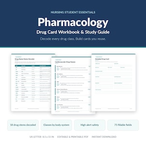 Pode incluir: Um caderno de exercícios e guia de estudo de farmacologia para estudantes de enfermagem. O documento inclui um decodificador de nomes de medicamentos, classes de fármacos cardiovasculares e um modelo de cartão detalhado. Contém 18 radicais decodificados, 75 campos preenchíveis e mede 21,59 por 27,94 cm.