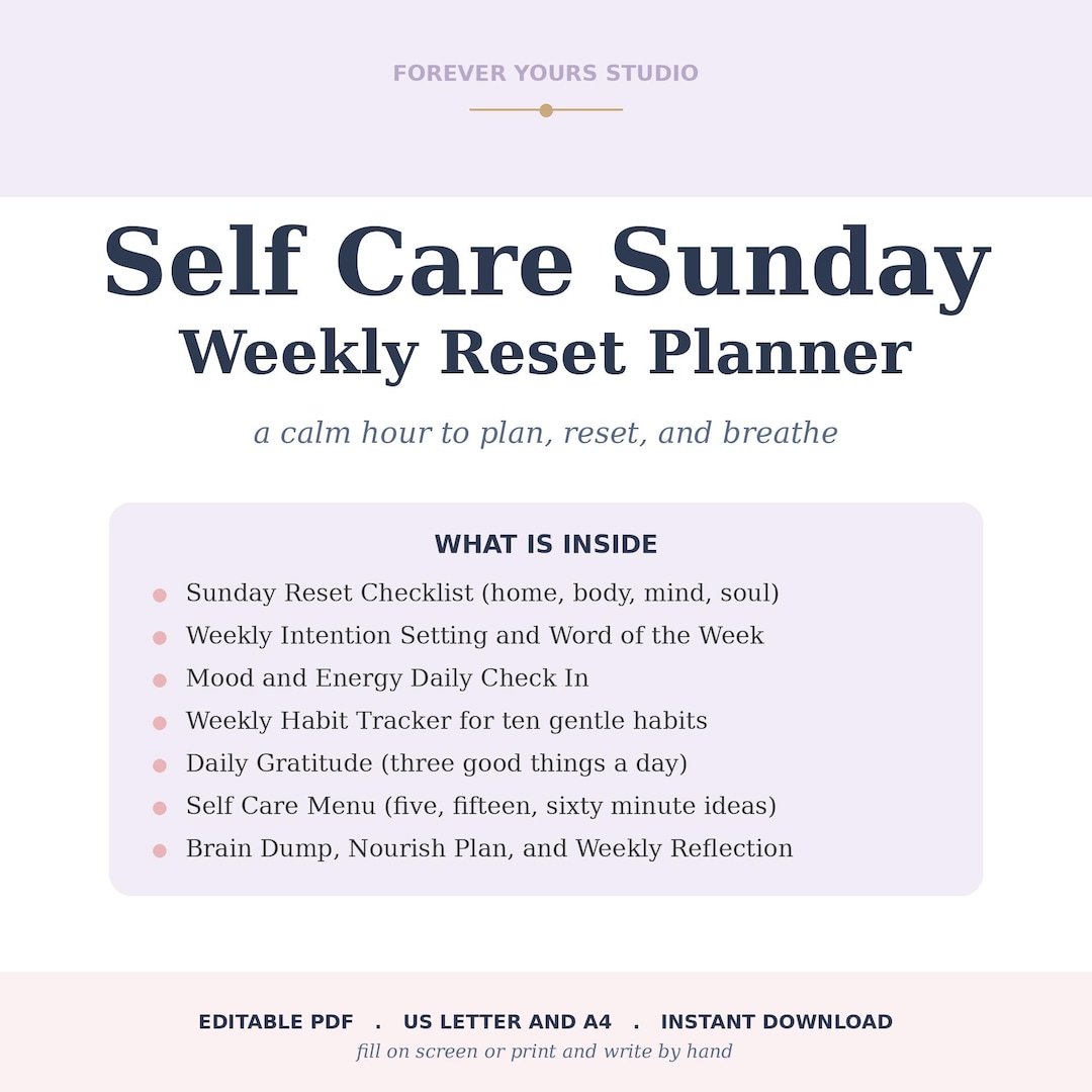 Self Care Sunday Reset Planner Printable, Editable PDF, Weekly Reset ...