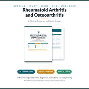Guide d'étude en soins infirmiers sur la polyarthrite rhumatoïde et l'arthrose, cahier d'exercices imprimable et modifiable, tableau comparatif PR vs OA, notes de cours pour les écoles d'infirmières