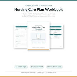 Cahier d'exercices pour le plan de soins infirmiers, modèles ADPIE à remplir, référence de diagnostic NANDA, carte conceptuelle, guide d'étude NCLEX pour étudiants en soins infirmiers