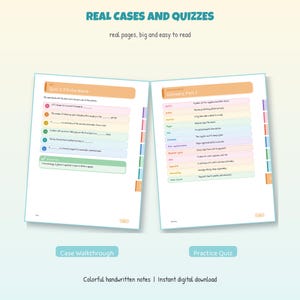 Op de afbeelding: Twee open pagina's van een studiegids voor medische facturering getiteld Real Cases and Quizzes. De linkerpagina bevat Quiz 2: Fill the Blank met genummerde vragen en een antwoordsleutel. De rechterpagina toont een tabel Glossary, Part 2 met medische termen.
