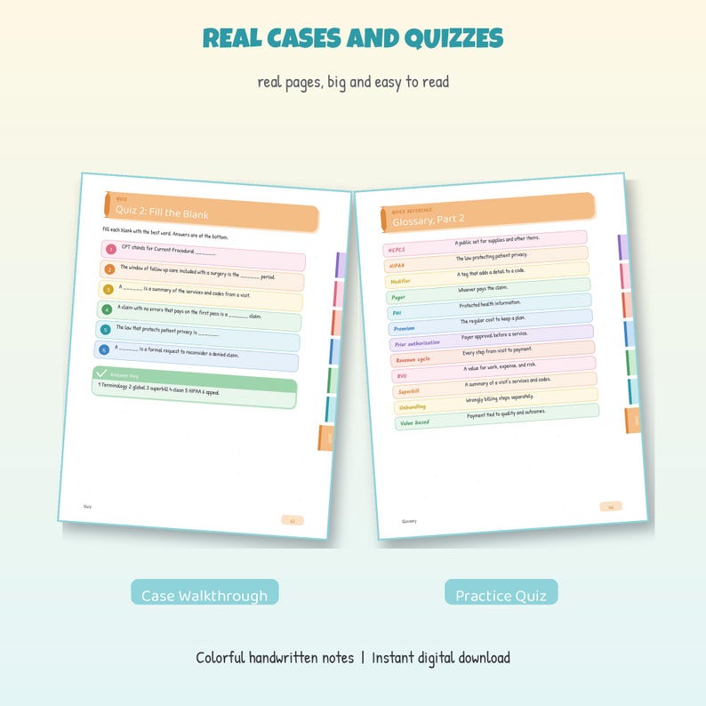 Op de afbeelding: Twee open pagina's van een studiegids voor medische facturering getiteld Real Cases and Quizzes. De linkerpagina bevat Quiz 2: Fill the Blank met genummerde vragen en een antwoordsleutel. De rechterpagina toont een tabel Glossary, Part 2 met medische termen.