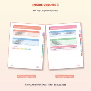 Op de afbeelding: Een open educatieve gids getiteld INSIDE VOLUME 3 met cardiologiecodering en neoplasmacodering. De pagina's bevatten kleurrijke koppen, opsommingstekens en tekstvakken met medische coderingsinformatie, naast kleine gekleurde tabbladen.
