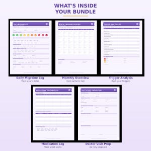 May include: A bundle of printable migraine trackers. The image shows five different sheets with purple and white designs. The sheets include a daily migraine log, monthly overview, trigger analysis log, medication log, and doctor visit preparation.