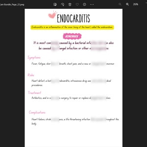 Puede incluir: Una ilustración rosa y blanca de un corazón con la palabra "Endocarditis" escrita en negro. El texto debajo explica que la endocarditis es una inflamación del revestimiento interno del corazón, llamado endocardio. El texto también incluye información sobre las causas, los síntomas, los riesgos, el tratamiento y las complicaciones de la endocarditis.