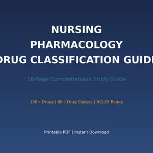 Op de afbeelding: Blauwe gradiëntachtergrond met witte tekst: "NURSING PHARMACOLOGY DRUG CLASSIFICATION GUIDE". Extra tekst bevat "18 pagina's uitgebreide studiehandleiding" en "150+ geneesmiddelen | 60+ geneesmiddelklassen | NCLEX Ready."