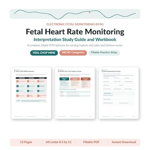 May include: A 12-page electronic fetal monitoring study guide and workbook in US Letter 8.5 by 11 inch format. The cover features the title Fetal Heart Rate Monitoring, with sections for VEAL CHOP MINE, NICHD Categories, and fillable practice strips.