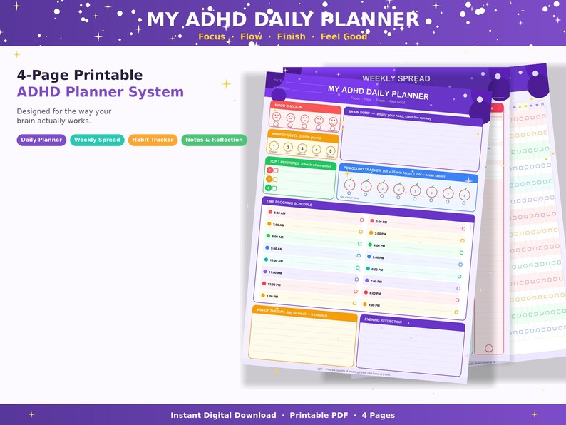 ADHD Daily Planner Printable PDF | 4-page Bundle | Daily Schedule ...