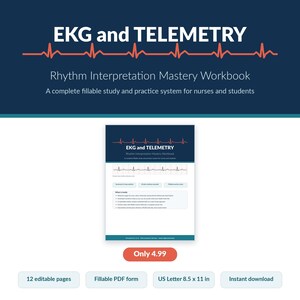 Peut inclure: Un cahier d'exercices numérique intitulé EKG and TELEMETRY Rhythm Interpretation Mastery Workbook. La couverture présente une ligne de rythme cardiaque rouge sur fond bleu foncé. Il comprend 12 pages modifiables et un format 21,6 x 27,9 cm.