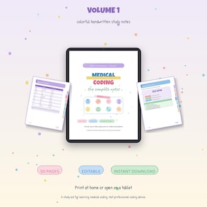 May include: A digital tablet displaying a cover page titled "MEDICAL CODING the complete notes" with colorful icons and text. Two additional pages showing study notes are positioned on either side. Text includes "VOLUME 1", "50 PAGES", "EDITABLE", and "INSTANT DOWNLOAD".