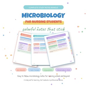 May include: A digital study guide titled Microbiology for Nursing Students featuring three sample pages with colorful text boxes, headers, and diagrams. The bundle includes 50 pages, 7 sections, 3 quizzes, and is provided as a printable PDF file.