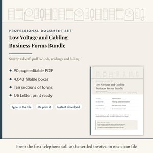 Low Voltage and Network Cabling Contractor Business Forms Bundle, 90 Page Editable Fillable PDF, Cable Pull Log, Rack Sheet, Invoice