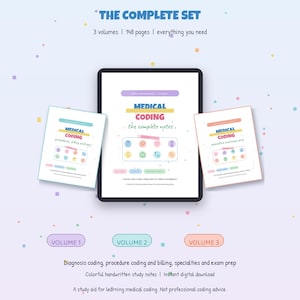 May include: A digital set of three medical coding study volumes displayed on a tablet and two side documents. The covers feature the text Medical Coding, the complete notes, and various colorful icons. Includes 148 pages of diagnosis and billing notes.