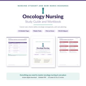 May include: An oncology nursing study guide and workbook featuring 14 editable pages with fillable fields. The document includes sections on cancer care, chemo safety, and oncologic emergencies, formatted for US Letter 8.5 by 11 inches paper.