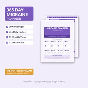 Könnte beinhalten: Ein 365-Tage-Migräne-Planer als digitales Dokument in Violett und Weiß. Der Planer enthält insgesamt 390 Seiten, 365 tägliche Tracker, 12 Monatsansichten und 12 Protokolle für Arztbesuche. Die Benutzeroberfläche zeigt ein Kalenderraster.
