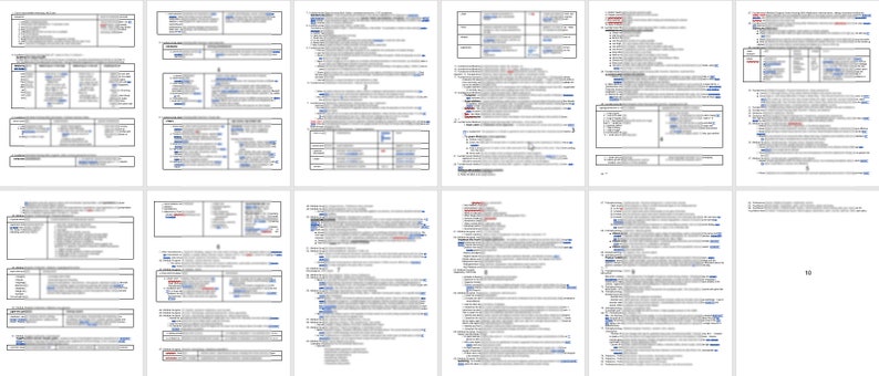 May include: A collection of 10 pages of handwritten notes on white paper with blue ink. The notes are organised into columns and rows with headings and subheadings. The notes are about various topics, including business, marketing, and finance.
