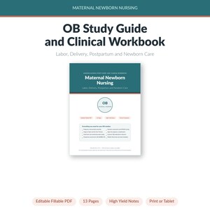 May include: A digital OB Study Guide and Clinical Workbook for Maternal Newborn Nursing. The cover features dark teal and white sections with text including Labor, Delivery, Postpartum and Newborn Care, and a list of topics like pregnancy, fetal heart rate monitoring, and APGAR scoring.