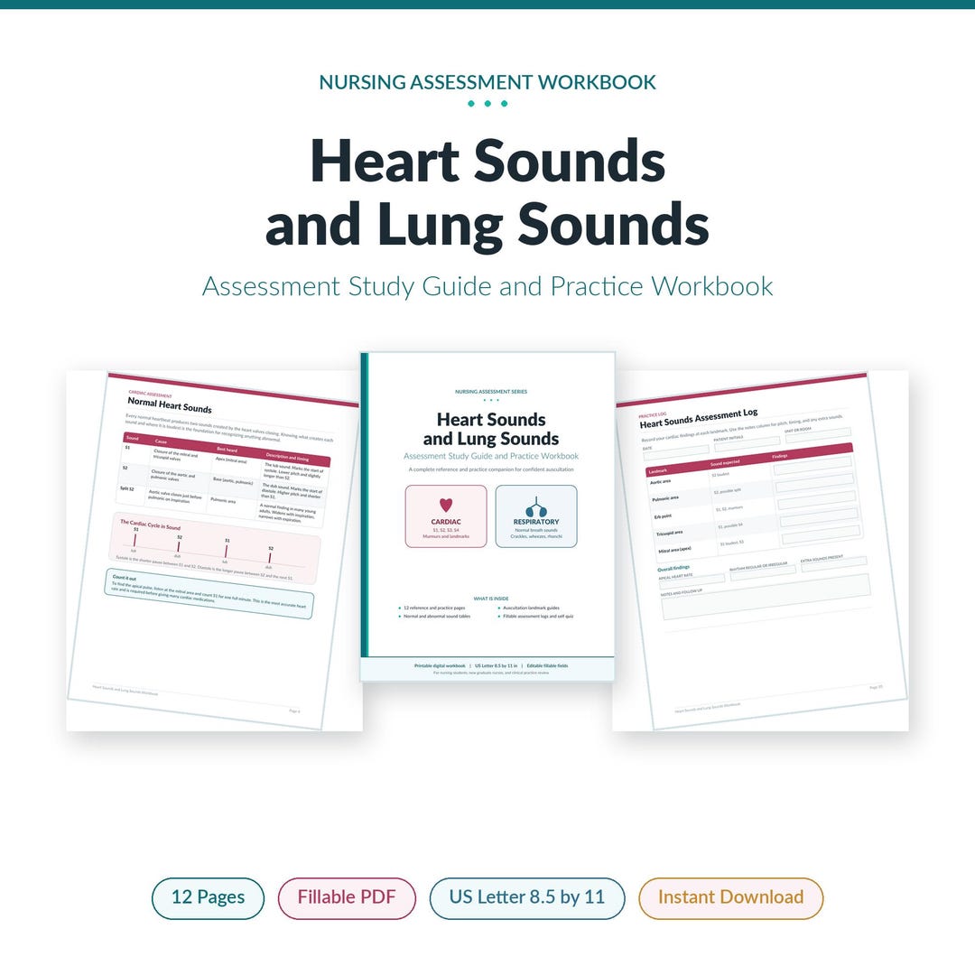 Heart and Lung Sounds Assessment Study Guide, Nursing School Auscultation Cheat Sheet, Fillable ...