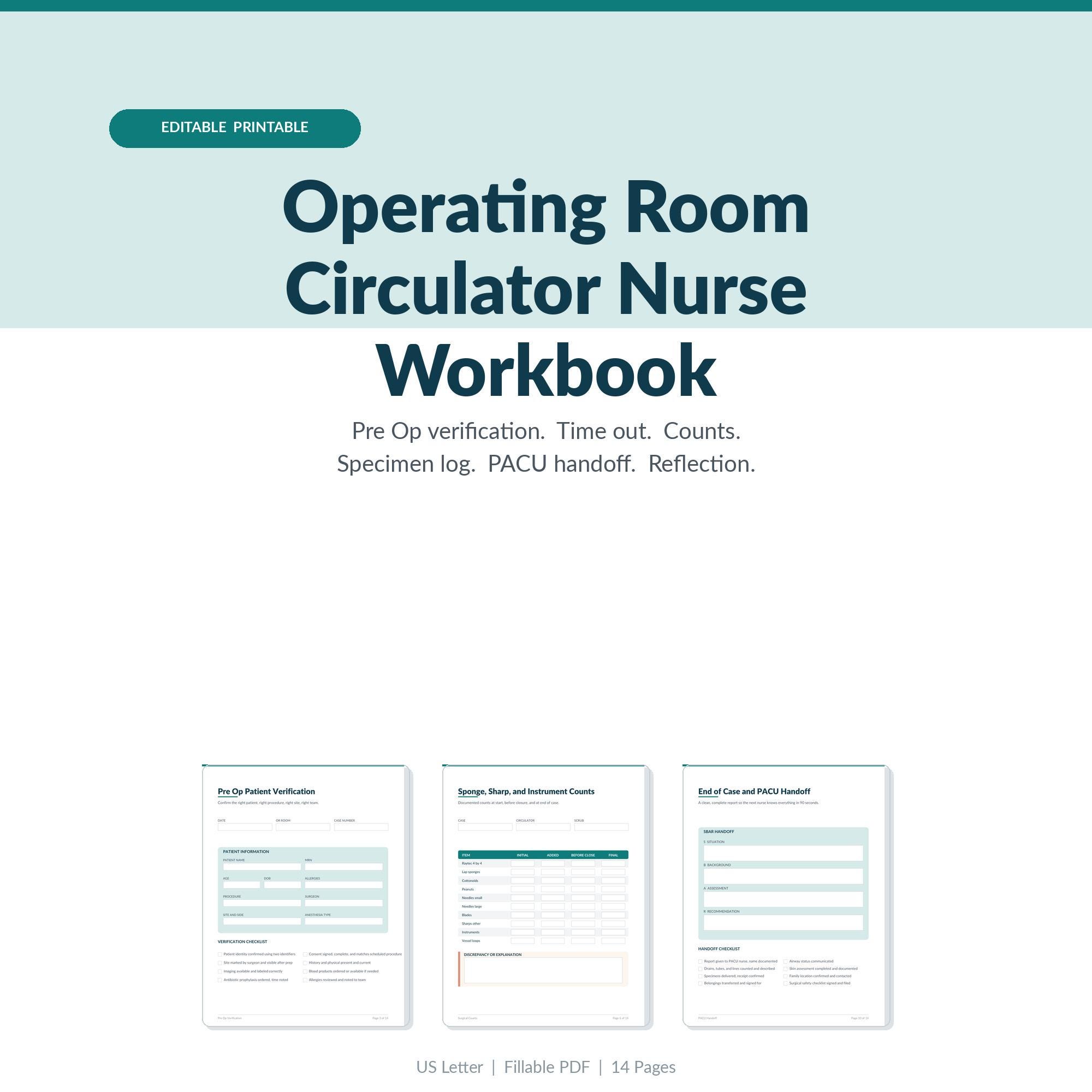 Or Circulator Operating Room Nurse Workbook Printable, OR Circulator Brain Sheet ...