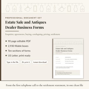 Estate Sale and Antiques Dealer Business Forms Bundle 90 Page Editable Fillable PDF Inventory Consignment Settlement Templates