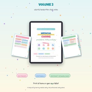 May include: A digital tablet displaying a medical coding study guide titled Volume 2, featuring colorful handwritten notes, icons, and text. Two additional pages are shown on either side. The screen displays text including Medical Coding, procedures, billing and pay, 50 pages, editable, and instant download.