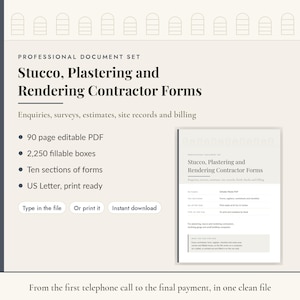 Op de afbeelding: Een professionele documentenset getiteld Stucco, Plastering and Rendering Contractor Forms. Dit bewerkbare PDF van 90 pagina's bevat 2.250 invulbare vakken verdeeld over tien secties voor offertes, enquêtes, schattingen en facturatiegegevens.