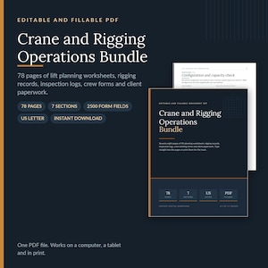 Könnte beinhalten: Ein bearbeitbares und ausfüllbares PDF-Paket mit dem Titel Crane and Rigging Operations Bundle. Es enthält 78 Seiten mit Arbeitsblättern für Hebeplanung, Anschlagmittelaufzeichnungen, Inspektionsprotokollen, Crew-Formularen und Kundenunterlagen.