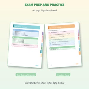 Op de afbeelding: Examenvoorbereiding en oefenboek met kleurrijke pagina's. De tekst bevat Exam Prep and Practice, Test Taking Strategy en Quiz 1: True or False. De lay-out bevat opsommingslijsten, ronde selectievakjes en tabbladen aan de zijkant.