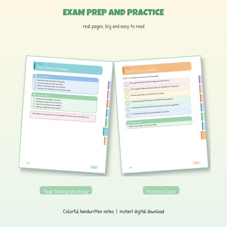 Op de afbeelding: Examenvoorbereiding en oefenboek met kleurrijke pagina's. De tekst bevat Exam Prep and Practice, Test Taking Strategy en Quiz 1: True or False. De lay-out bevat opsommingslijsten, ronde selectievakjes en tabbladen aan de zijkant.