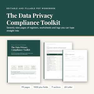 Peut inclure: Un classeur PDF modifiable et remplissable intitulé The Data Privacy Compliance Toolkit, comprenant soixante-dix-neuf pages de registres, de feuilles de travail et de journaux. Il inclut une auto-évaluation de maturité et un formulaire de demande.