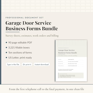 Puede incluir: Un conjunto de documentos profesionales titulado Garage Door Service Business Forms Bundle, que incluye 90 páginas PDF editables, 3.221 casillas rellenables, diez secciones de formularios y formato US Letter listo para imprimir para facturación.