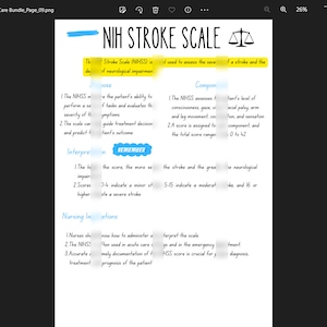 May include: A yellow and white handwritten chart titled "NIH STROKE SCALE" with a scale icon. The chart explains the National Institutes of Health Stroke Scale (NIHSS) and how to interpret the score. The chart is divided into three sections: "Purpose", "Components", and "Interpretation".