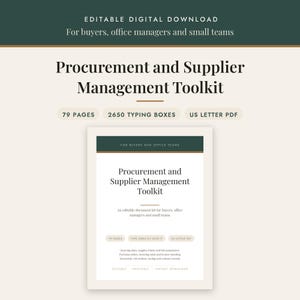 Op de afbeelding: Een bewerkbare digitale Procurement and Supplier Management Toolkit met 79 pagina's, 2650 typvakken en in US Letter PDF-formaat. Het document bevat secties voor inkoopplannen, leverancierscontroles, biedingsvergelijkingen, inkooporders en factuurafstemming.