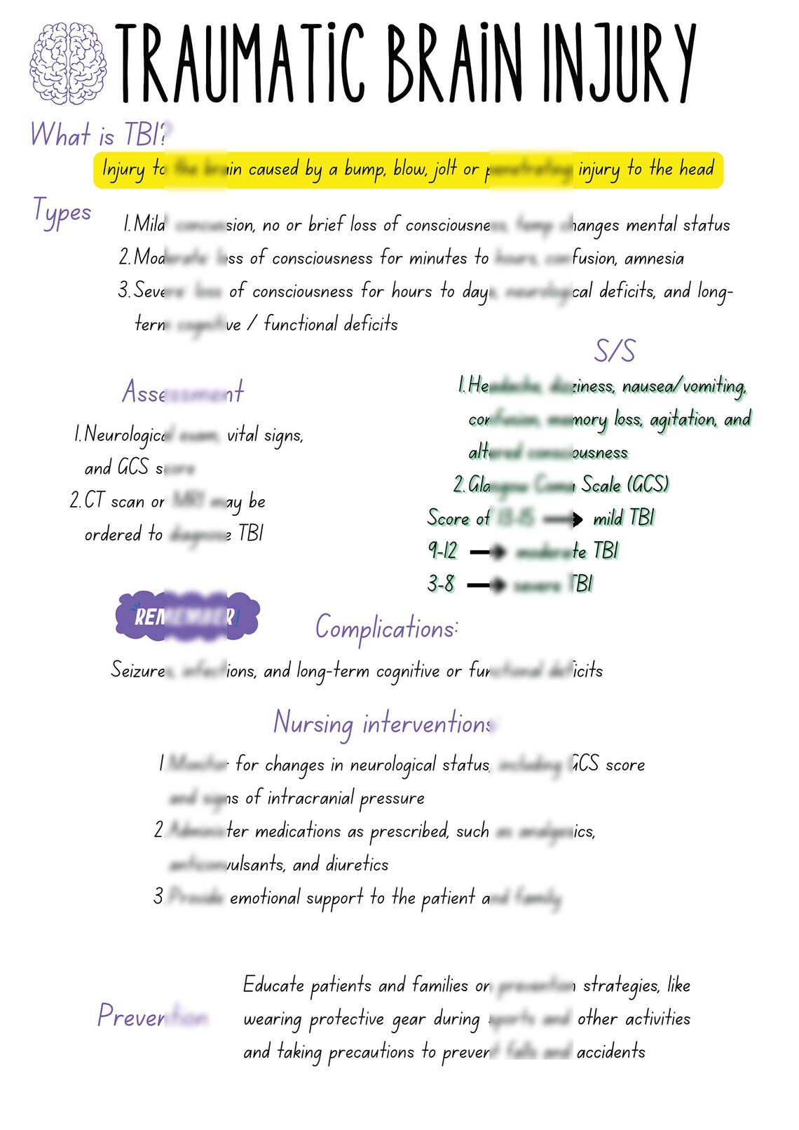 NCLEX - Traumatic Brain Injury - Handwritten Study Sheet - What You ...